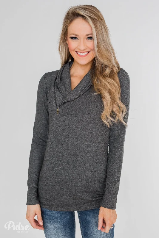 Relaxed Style Give Me Time Zipper Pullover Top- Charcoal
