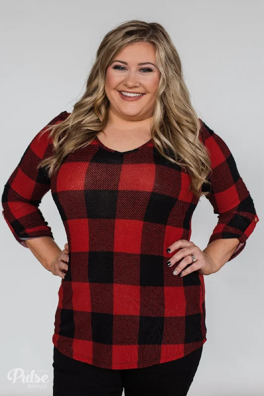 Smart Casual Deals Be With You 3/4 Sleeve Buffalo Plaid Top- Red & Black