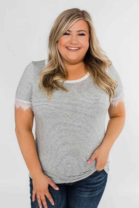 Fresh Styles, Fresh Deals All About the Accents Lace Striped Top- Grey & White