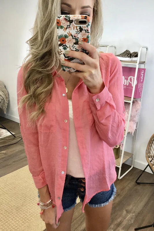 Durable Fashion Picks Button Up Chambray Top- Blush