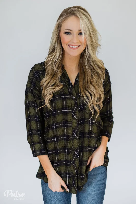 Step Up Your Style For Less Take It Away Plaid Top- Olive & Navy