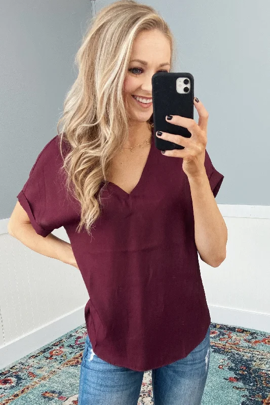 Refresh Your Wardrobe At A Fraction Of The Cost Basic Beauty V-Neck Short Sleeve Top- Burgundy