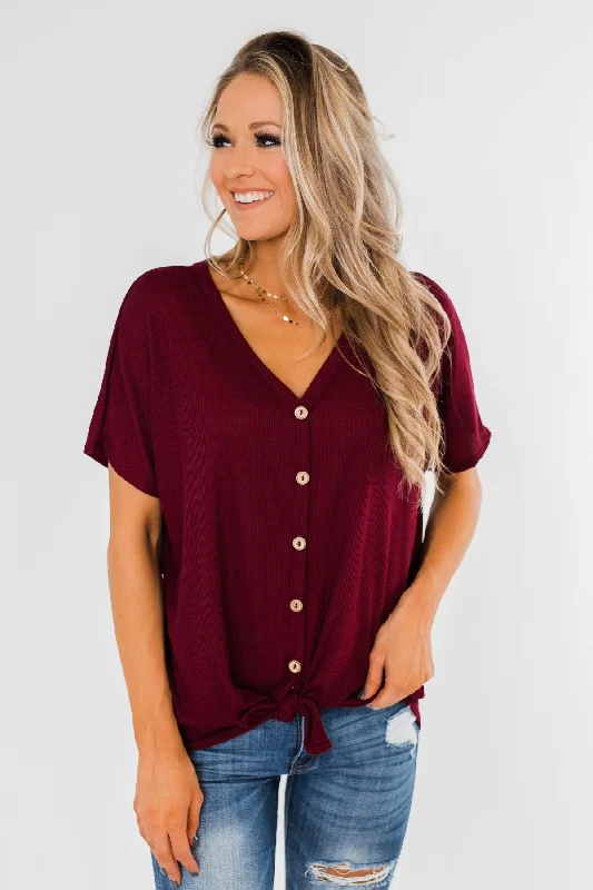 Daily Deals Looking Good Thermal Short Sleeve Top- Burgundy