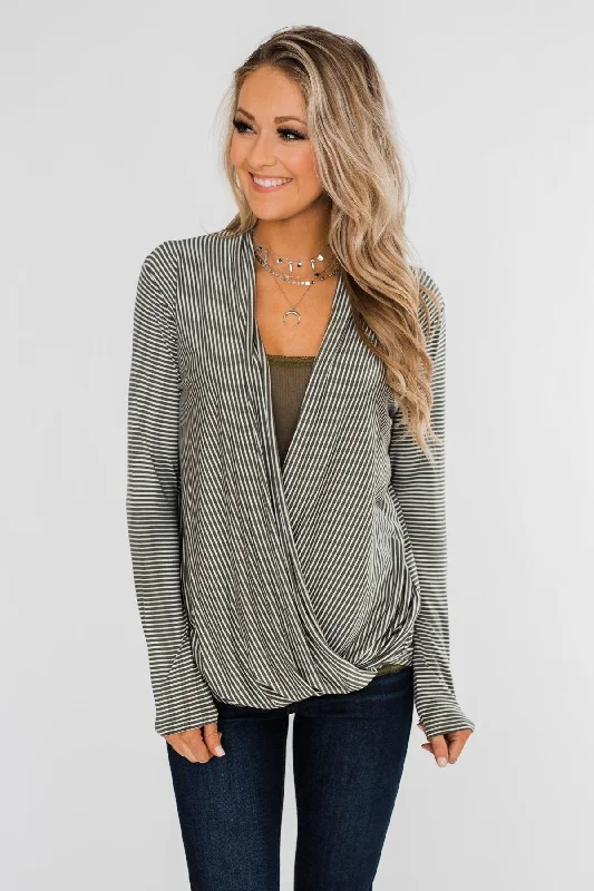 Fresh Fashion Discounts Keep It Going Long Sleeve Striped Wrap Top- Olive