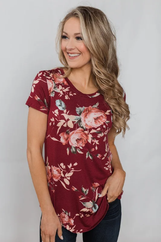 Unleash Your Trendy Side Floral Melody Short Sleeve Top - Burgundy
