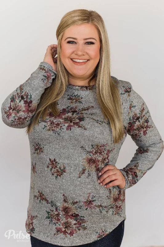 Seasonal Fashion Hand Picked By You Floral Pullover Top- Heather Grey