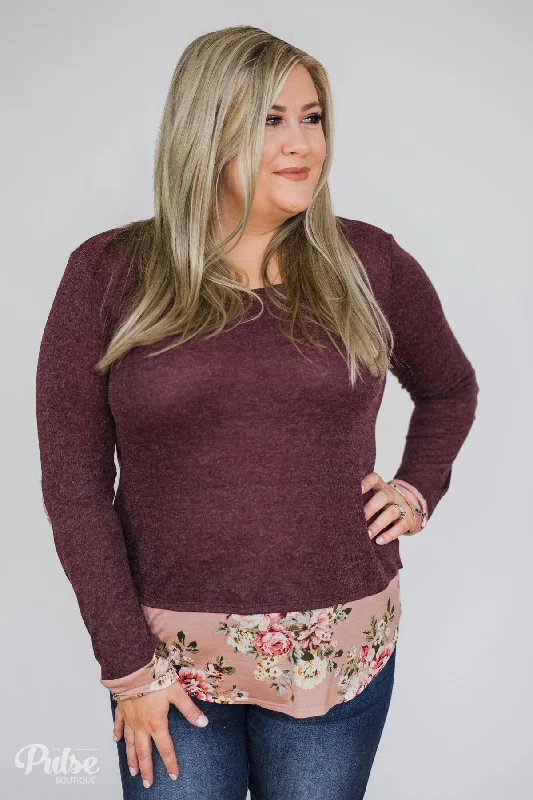 Fashion Forward, Function First Floral Elbow Patch Top- Heathered Plum