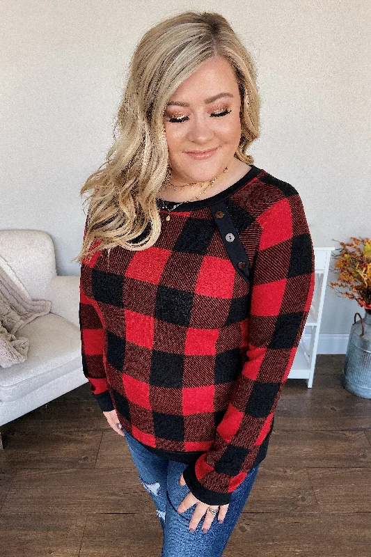 Season Sale On My Mind Button Detail Top- Buffalo Plaid