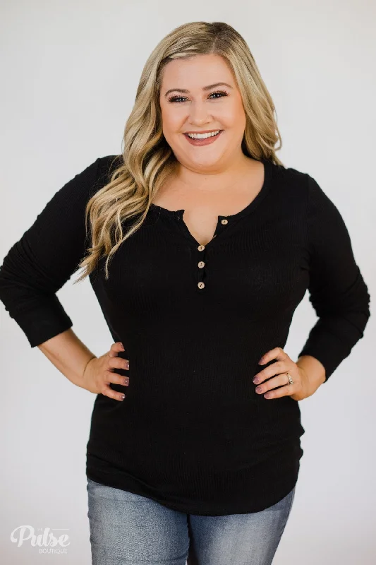 Luxury Casual Deals Need You Now 5-Button Henley Top- Black