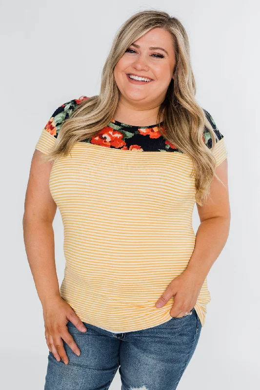 Cozy Chic Promotions Floral Fever Short Sleeve Stripe and Floral Top - Yellow