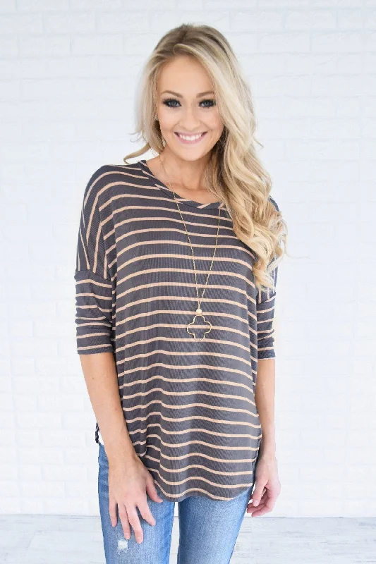 Ride The Style Wave Charcoal & Tan Striped Top