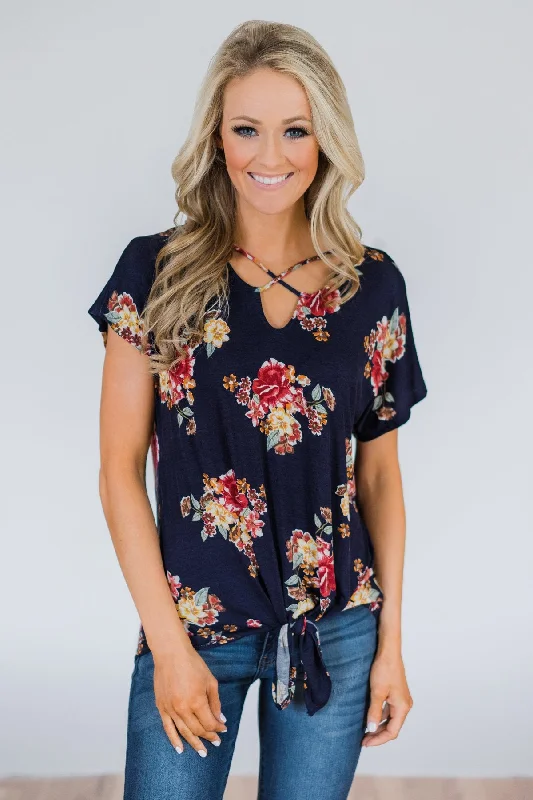 Chic Trend Collection Be My Adventure Floral Criss Cross Knot Top- Navy