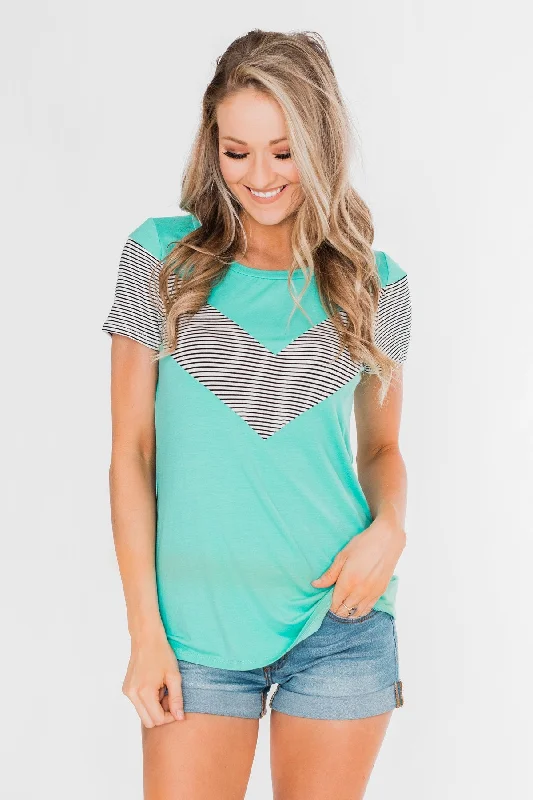 Absurdly Cheap Sale Striped Chevron Short Sleeve Top- Dark Aqua