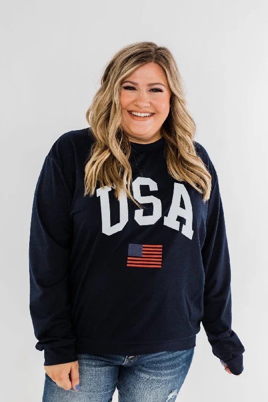 Don't Wait – Shop The Best Deals Now "USA" American Flag Graphic Pullover Top- Navy