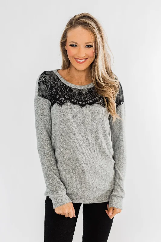 Hurry! Special Deals Ending Soon Show Stopper Black Lace Top- Grey