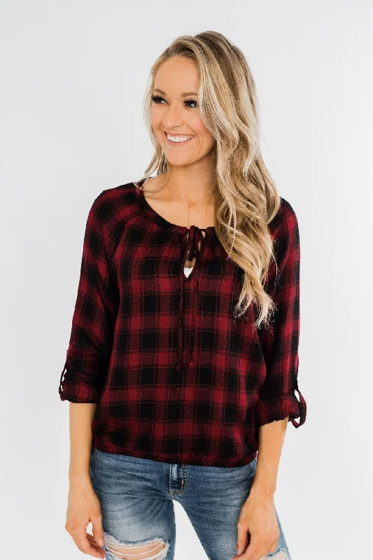 This Weekend Only – Huge Savings Dear Darling Plaid Top- Deep Burgundy