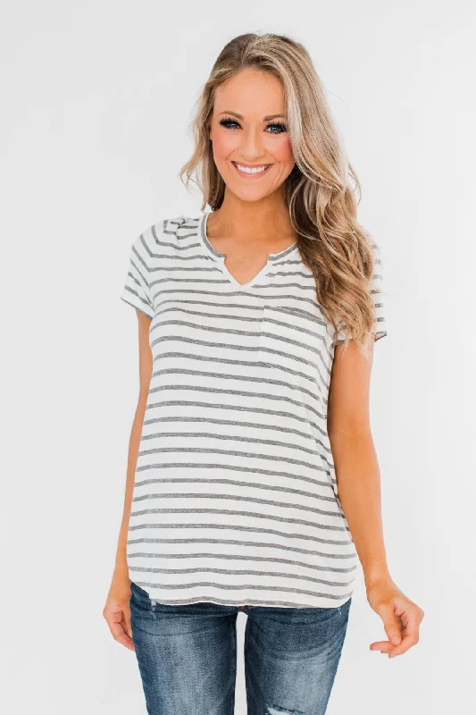 Step Ahead, Lead The Trend This is Me Striped Notch Pocket Top- Grey & Ivory