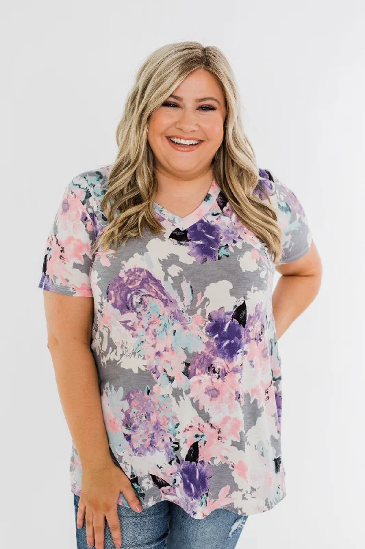 Flash Sales Hearts Collide Floral V-Neck Top- Purple, Grey, & Pink