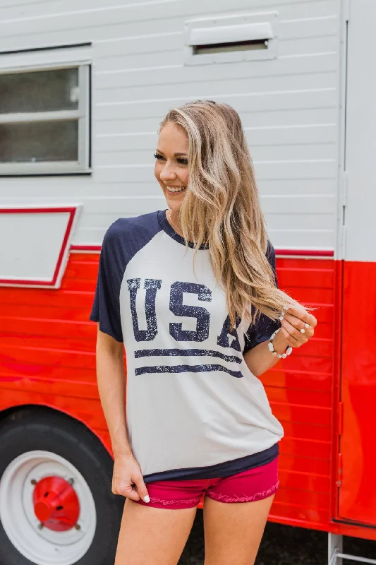 Trendy Threads "USA" Graphic Raglan Top- Navy