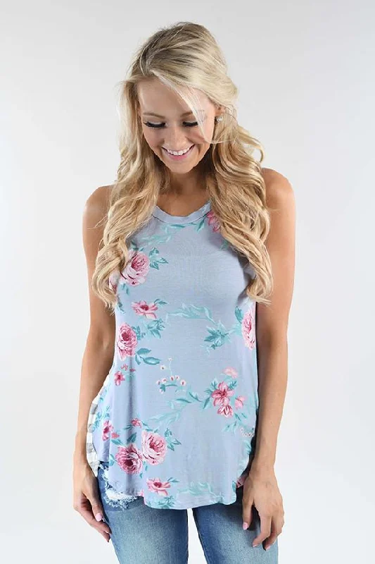 Limited-Time Offer Show Your Best Side Floral & Stripes Top ~ Light Blue