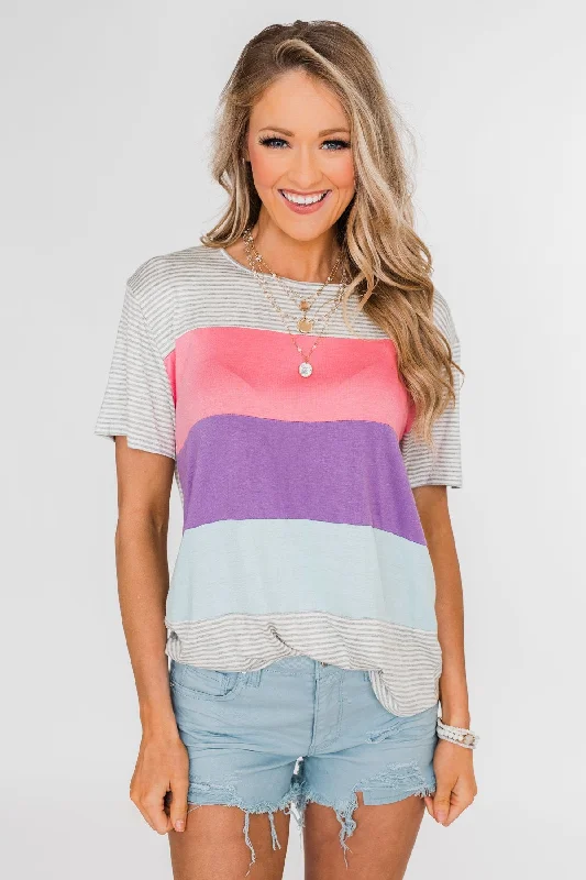 Budget Friendly One Day At A Time Striped Color Block Top- Pink, Purple, Blue