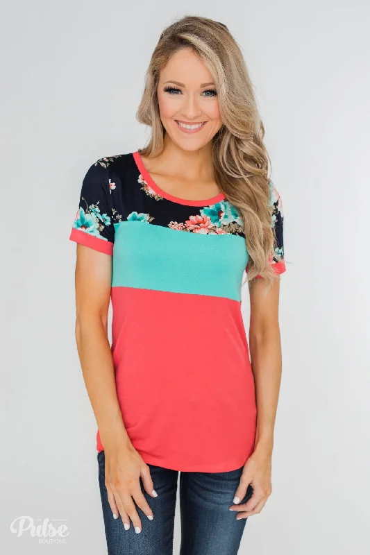 Chic Trends Unveiled Illuminate The Room Floral Color Block Top- Dark Pink & Navy
