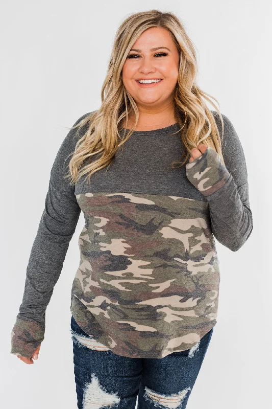 Seasonal Fashion Never Blend In Color Block Top- Camo & Light Charcoal