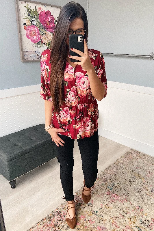 Timeless Fashion, Unbeatable Prices The Way To My Heart Floral Button Top- Burgundy
