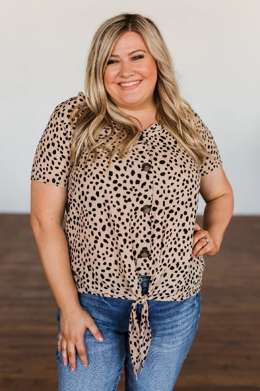 Holiday Glam Like It Like That Spotted Button Top- Tan
