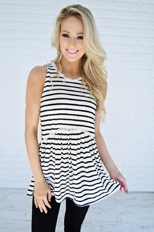 Season Sale Black & White Striped Babydoll Top