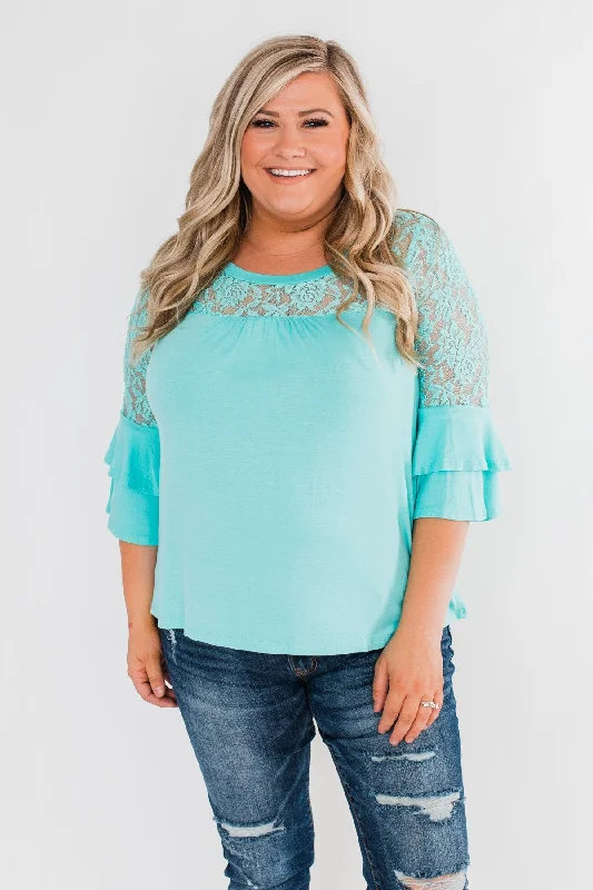 Fashion Sale Right Beside Me Lace & Ruffles Top- Aqua