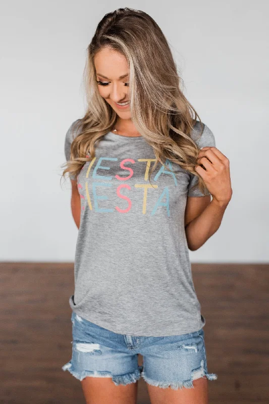 Romantic Chic Deals "Fiesta Siesta" Graphic Top- Grey