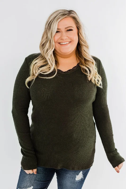 Limited Stock – Weekend Offers Available Now Don't Think Twice Lace Trimmed Top- Dark Olive