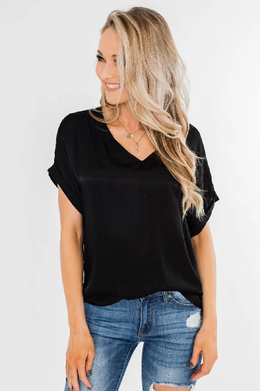 Sustainable Fashion Extravaganza Basic Beauty V-Neck Short Sleeve Top- Black