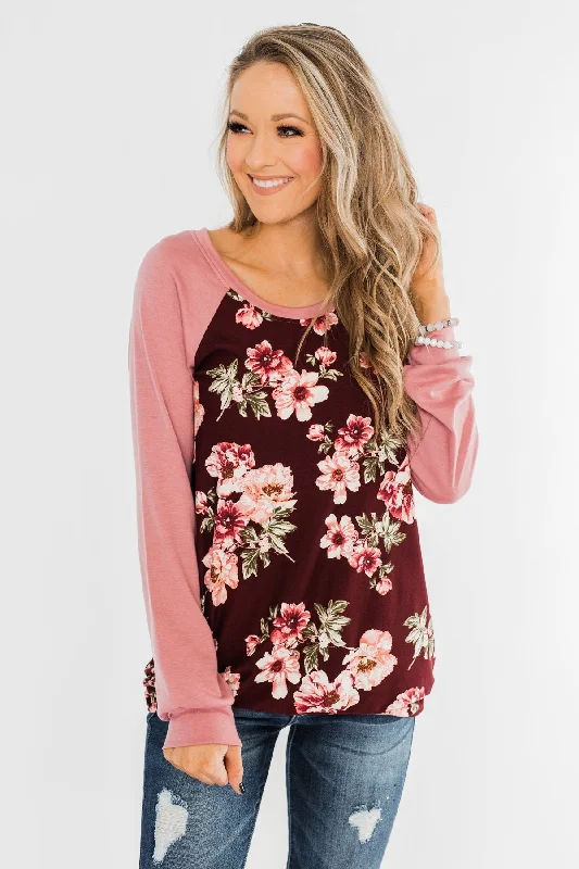 Exclusive Sale Life With You Floral Top- Mauve Pink & Burgundy