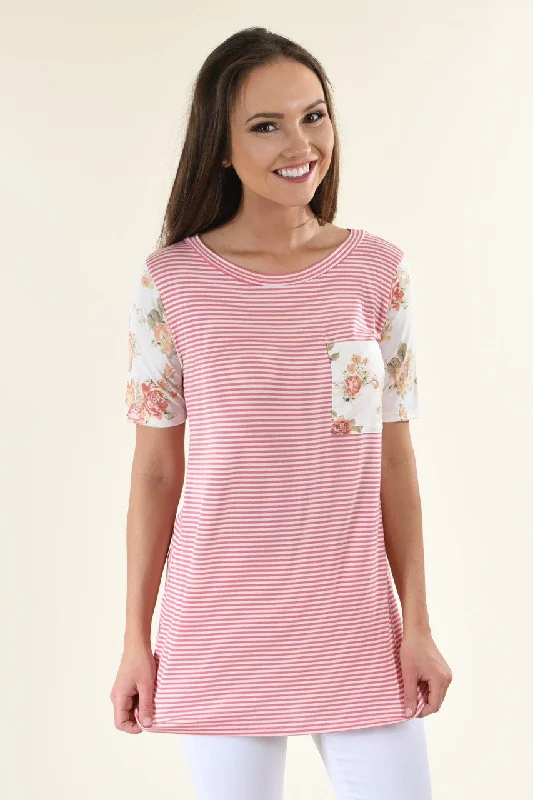 Limited Time Offers Strawberry & White Floral Pocket Top