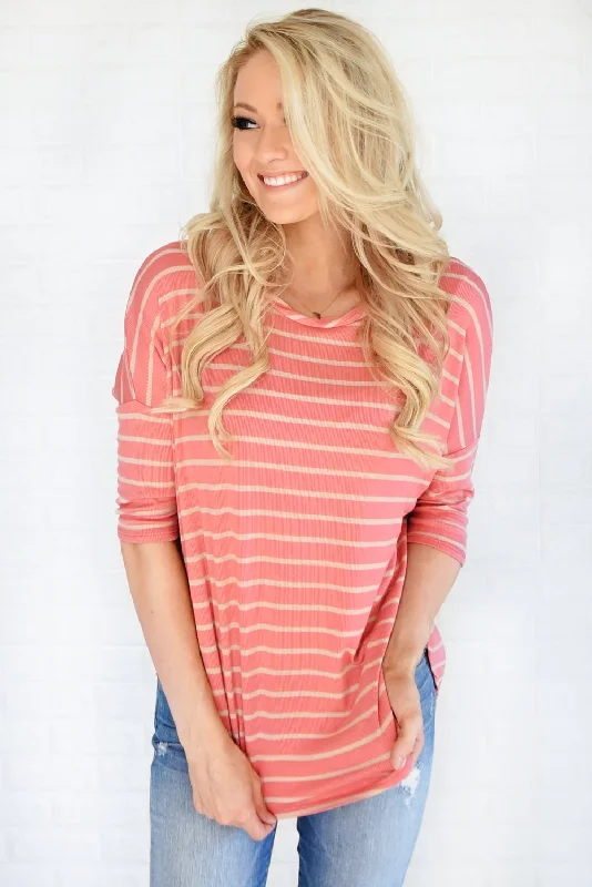 Shop Sales Coral & Tan Striped Top