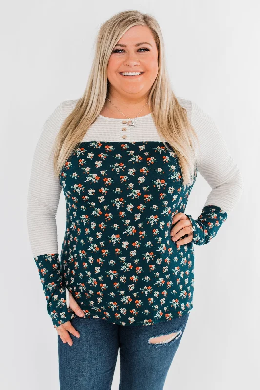 Insane Discount Onslaught Time Of Your Life Floral & Striped Top- Dark Teal & Oatmeal
