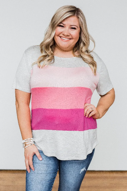 Seize Bargains One Day At A Time Striped Color Block Top- Shades of Pink