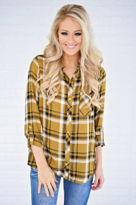 You'll Love Us Because Essential Mustard Plaid Button Up Top