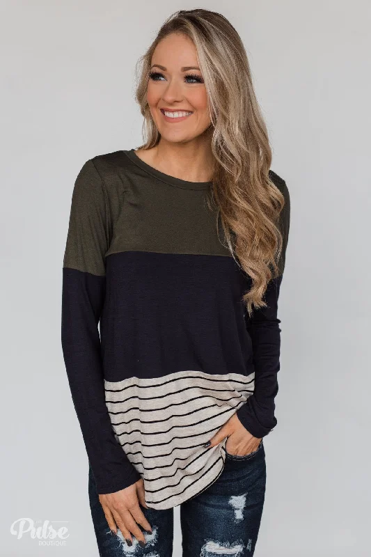 Affordable Trendy Fashion Party in the Back Lace Detail Top- Olive & Navy