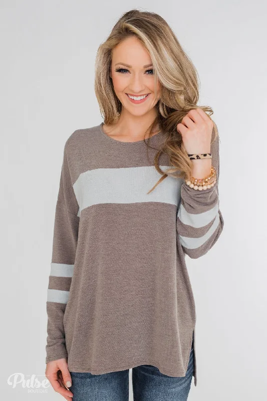 Incredible Savings For A Limited Period Stages of Comfort Varsity Stripe Sleeve Top- Mocha Incredible Savings For A Limited Period Stages of Comfort Varsity Stripe Sleeve Top- Mocha
