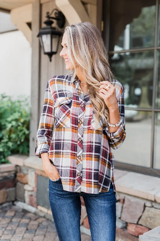 Exclusive Deals For This Week Only You've Got Me Hooked Flannel Top- Navy & Rust
