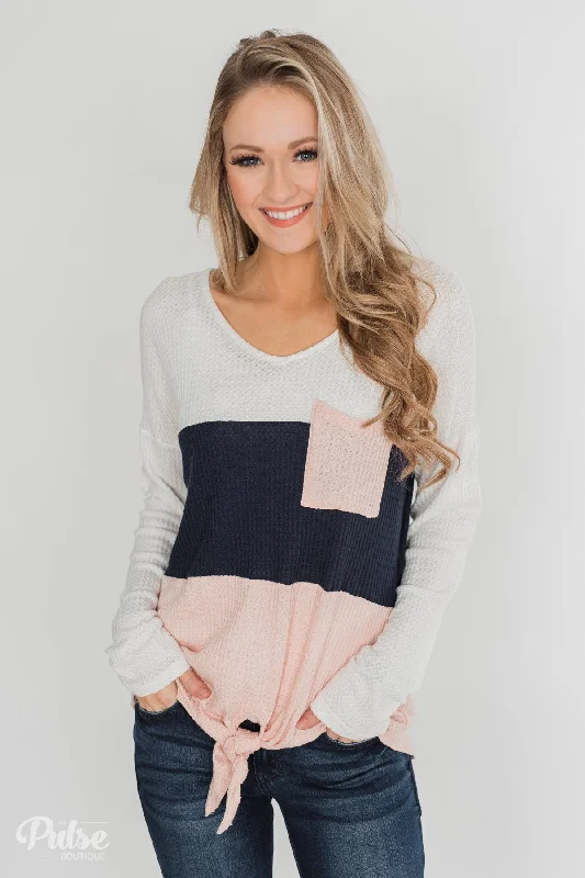 Unbeatable Prices Color Block Waffle Knot Top - Navy & Blush