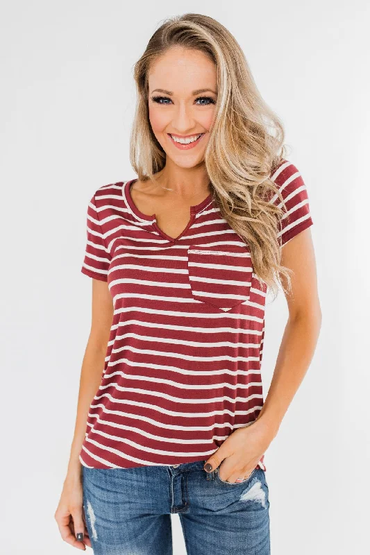 Seasonal Picks This is Me Striped Notch Pocket Top- Brick Red & Ivory