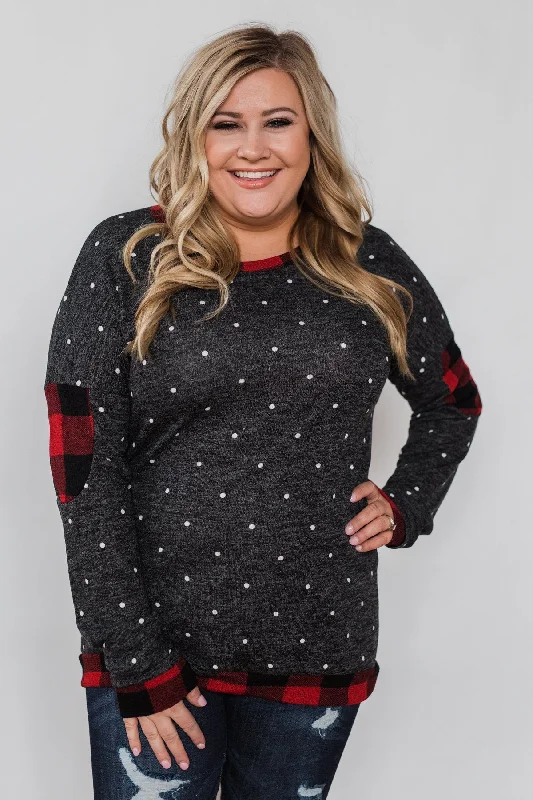 Imeless Style My Story Polka Dot & Buffalo Plaid Top- Charcoal