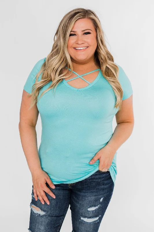 Hurry! Special Deals Ending Soon Meet Me Here Short Sleeve Top- Aqua