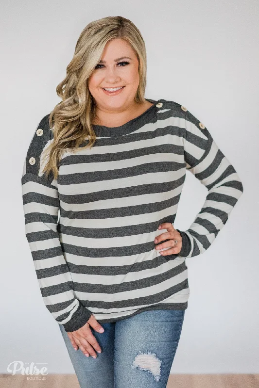 Stylish Deals Cute As A Button Striped Top- Charcoal & Ivory