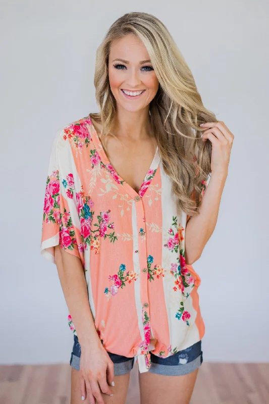 Season Offer Peachy Keen Floral Dolman Knot Top- Peach & Ivory