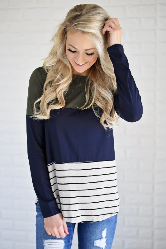 Timeless Elegance Redefined Long Sleeve Colorblock Top ~ Olive & Navy
